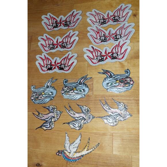 13 Iron On Sew On Patches Retro Tattoo Sparrow Bird Rockabilly Gothabilly Craft - Picture 2 of 2